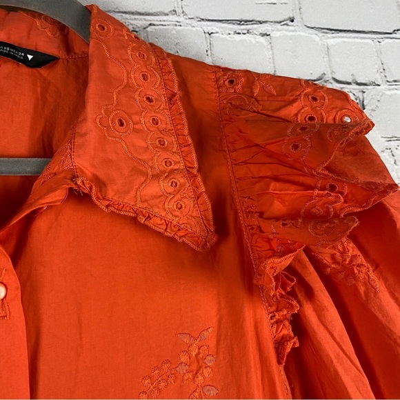 Zara Poplin Embroidered Midi Dress Eyelet Ruffled Puff Sleeve Orange - Picture 6 of 10
